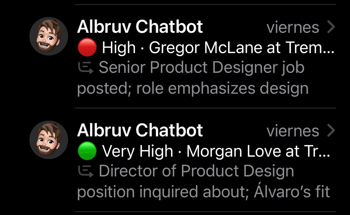 Two Albruv Chatbot lock-screen notifications: a High-priority lead about a Senior Product Designer role, and a Very High-priority lead about a Director of Product Design role.