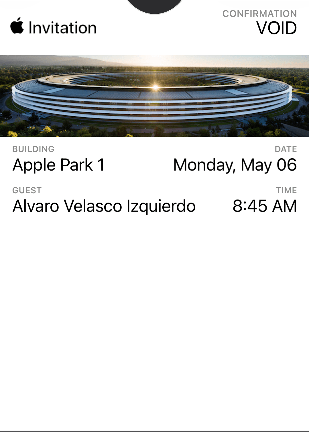 Álvaro’s invitation to Apple Park for the May 2019 visit.