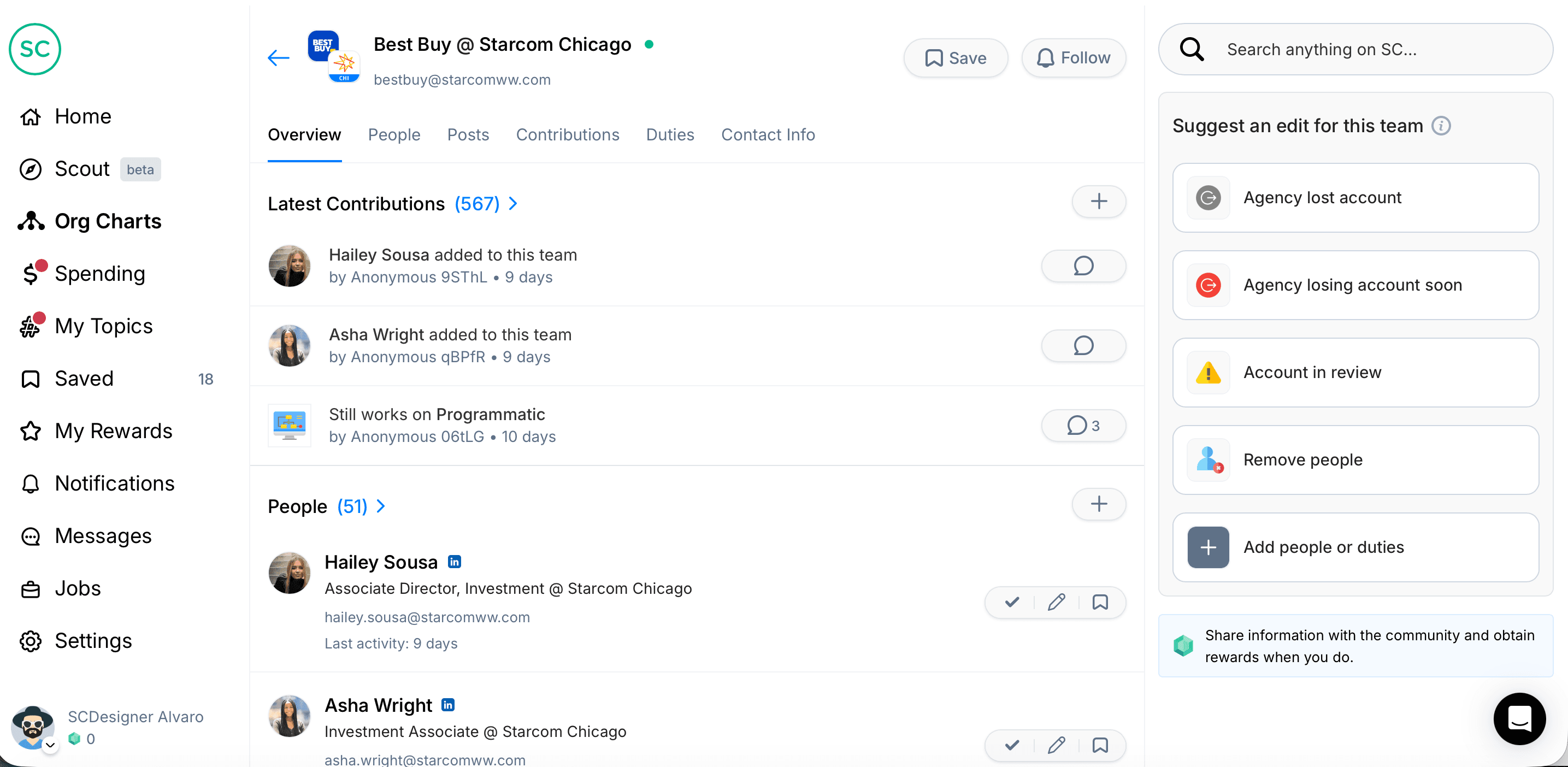 Best Buy team page with one-click actions