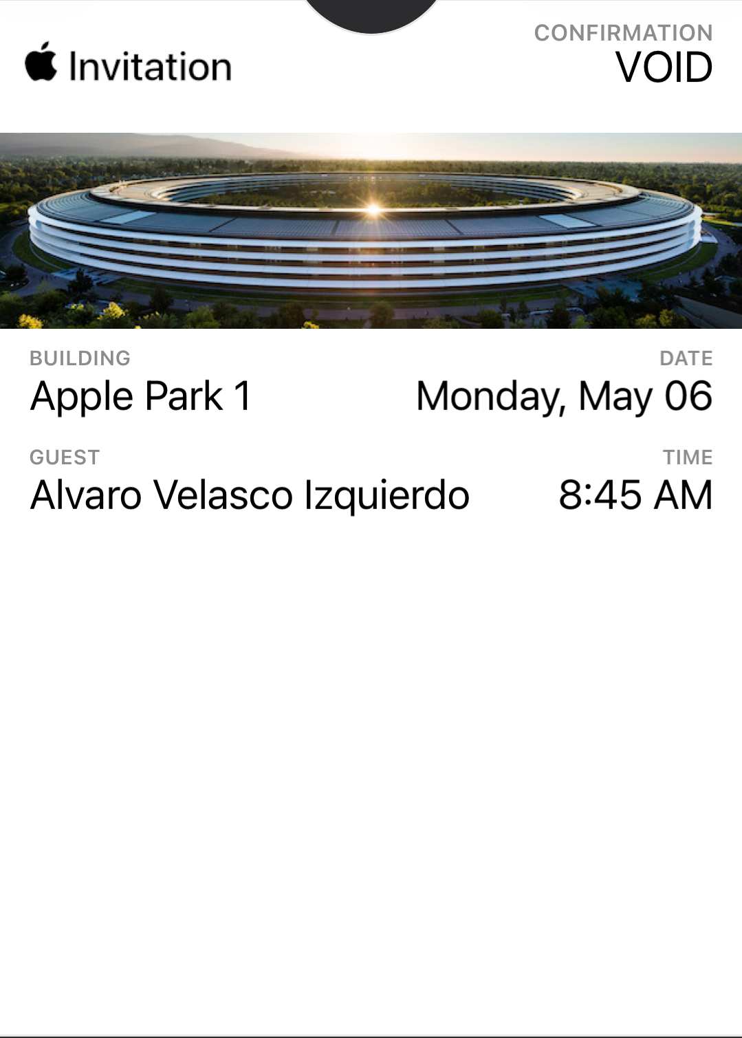 Apple Park 1 invitation pass for Alvaro Velasco Izquierdo, dated Monday, May 6, 8:45 AM. Confirmation status now reads VOID.