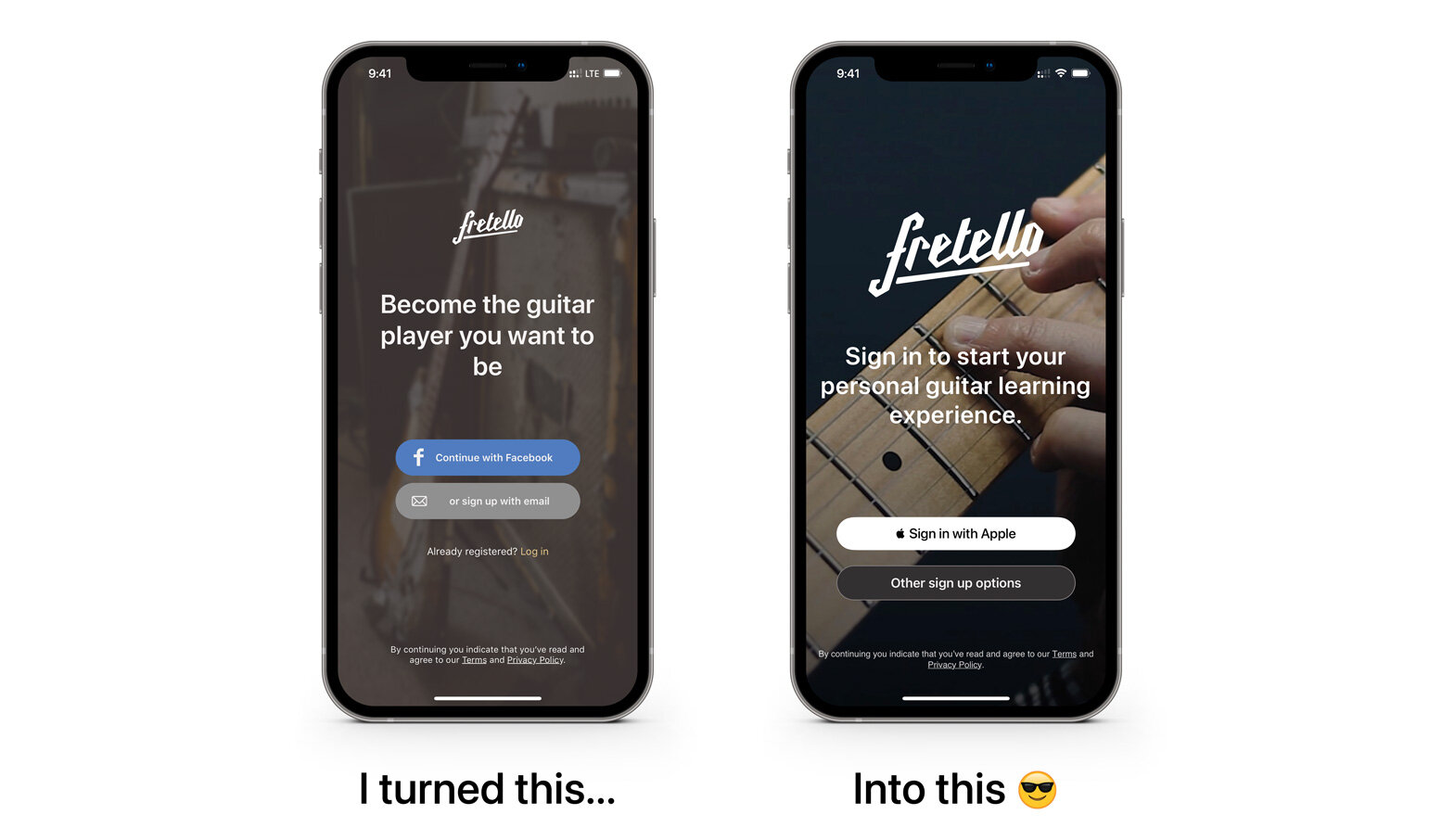 The Fretello sign-in screen, before the redesign on the left, after on the right with Sign in with Apple as the primary action.