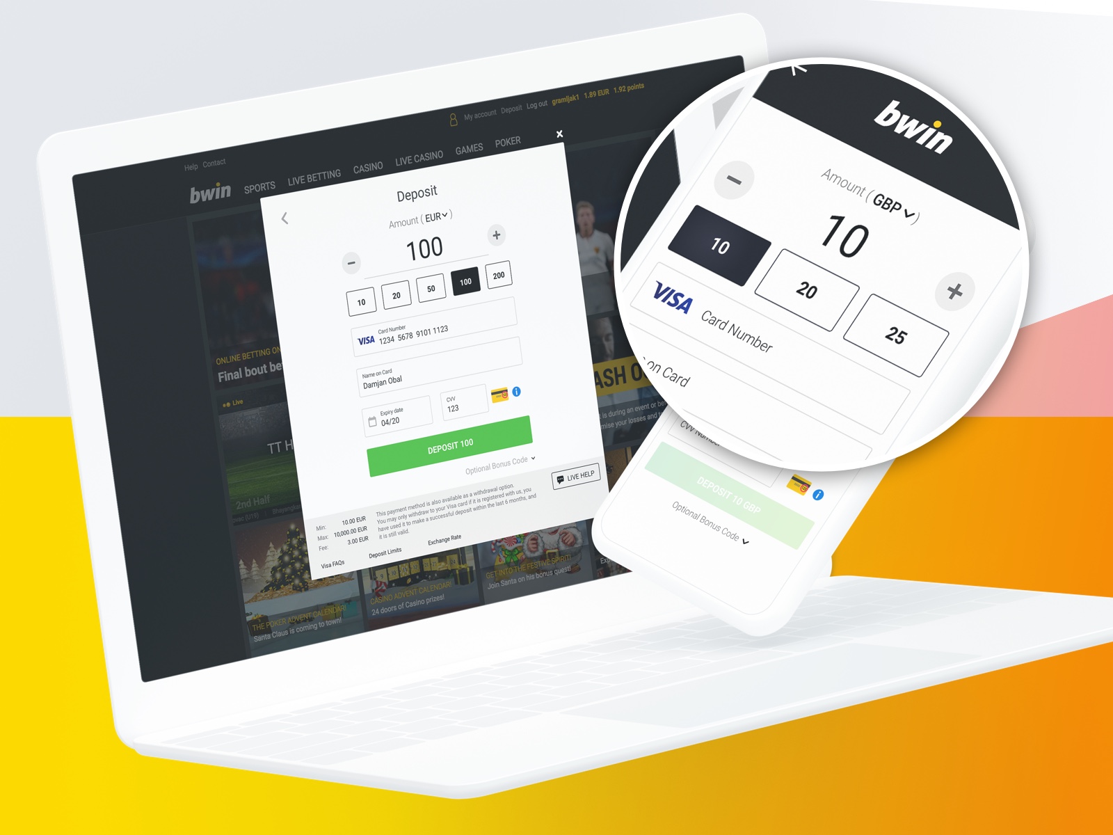 The bwin cashier rendered on desktop and mobile, side by side. Same +/- amount control, same chip row, same visual language.