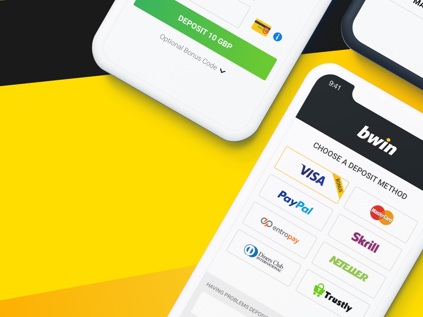 A side-by-side of the bwin cashier full form, including saved Visa card, expiry, CVV, and deposit total.