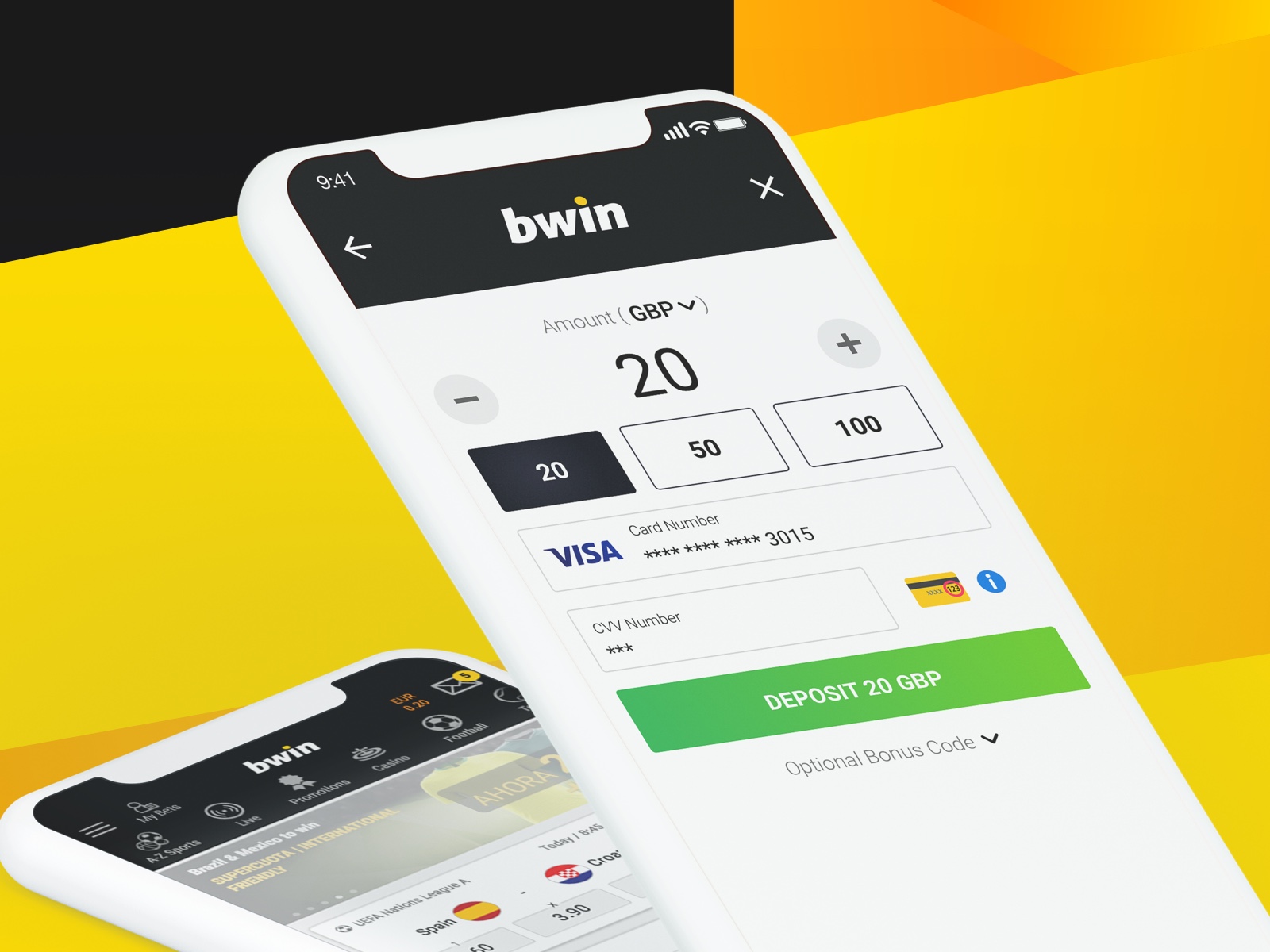 The redesigned bwin mobile cashier with the +/- amount field, pre-defined amount chips, and a saved Visa card.