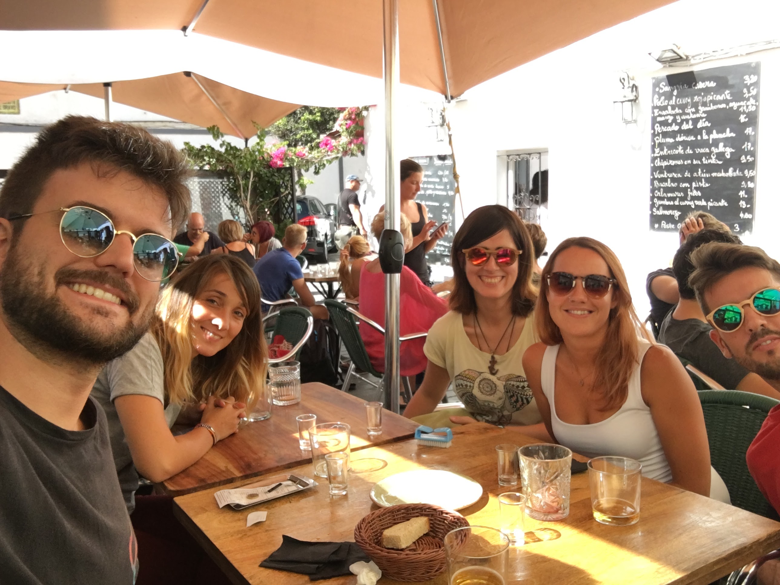 The cashier project team having lunch at an outdoor restaurant in Tarifa during the workshop week.