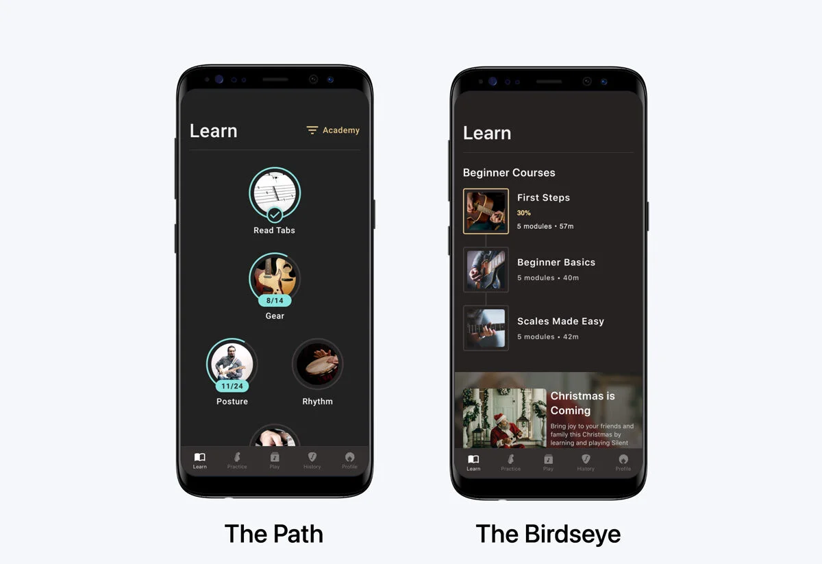 Side-by-side phone mockups of the two Learn screens. Left: The Path, a ladder of circular module thumbnails (Read Tabs, Gear, Posture, Rhythm) with progress rings. Right: The Birdseye, a vertical list of beginner courses (First Steps, Beginner Basics, Scales Made Easy) with thumbnails, durations, and a featured Christmas course callout.