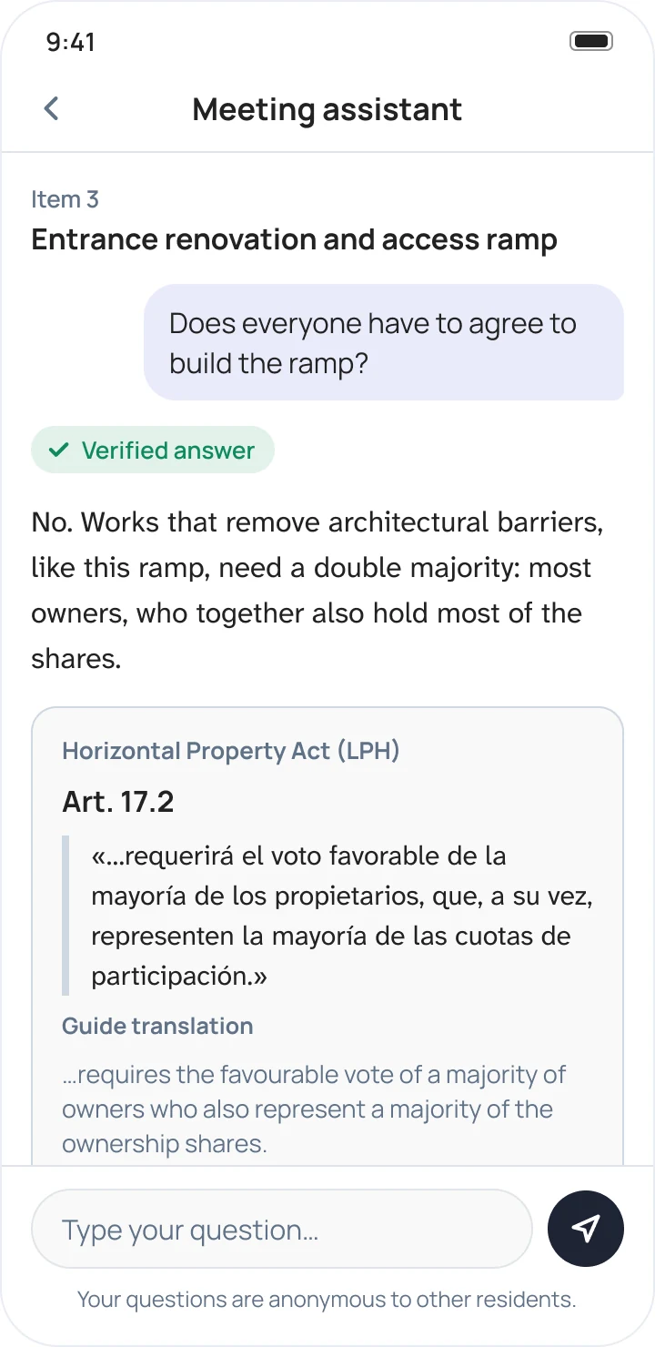 El asistente responde en inglés y cita el artículo 17.2 de la Ley de Propiedad Horizontal.