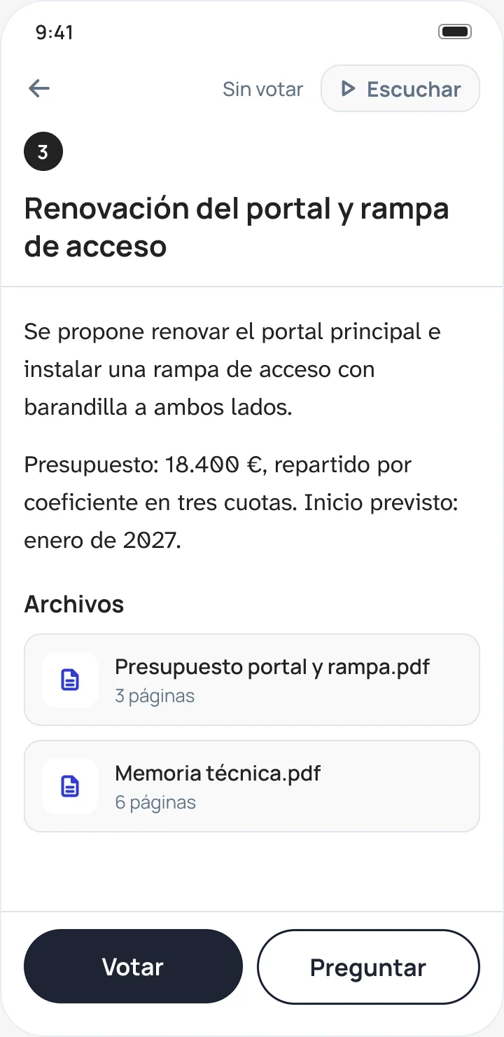 Un punto del orden del día en la aplicación de vecinOS, en español.