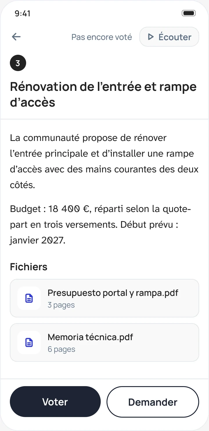 Un punto del orden del día en la aplicación de vecinOS, en francés.