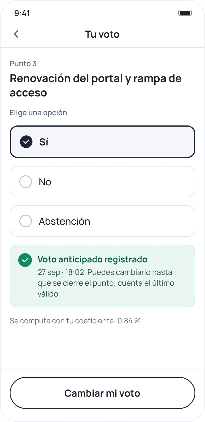 Confirmación del voto anticipado, con la opción de cambiarlo.