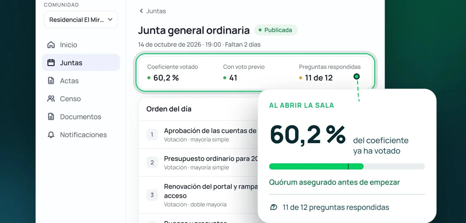 vecinOS meeting screen: 60.2% of the coefficient has voted before the room opens.